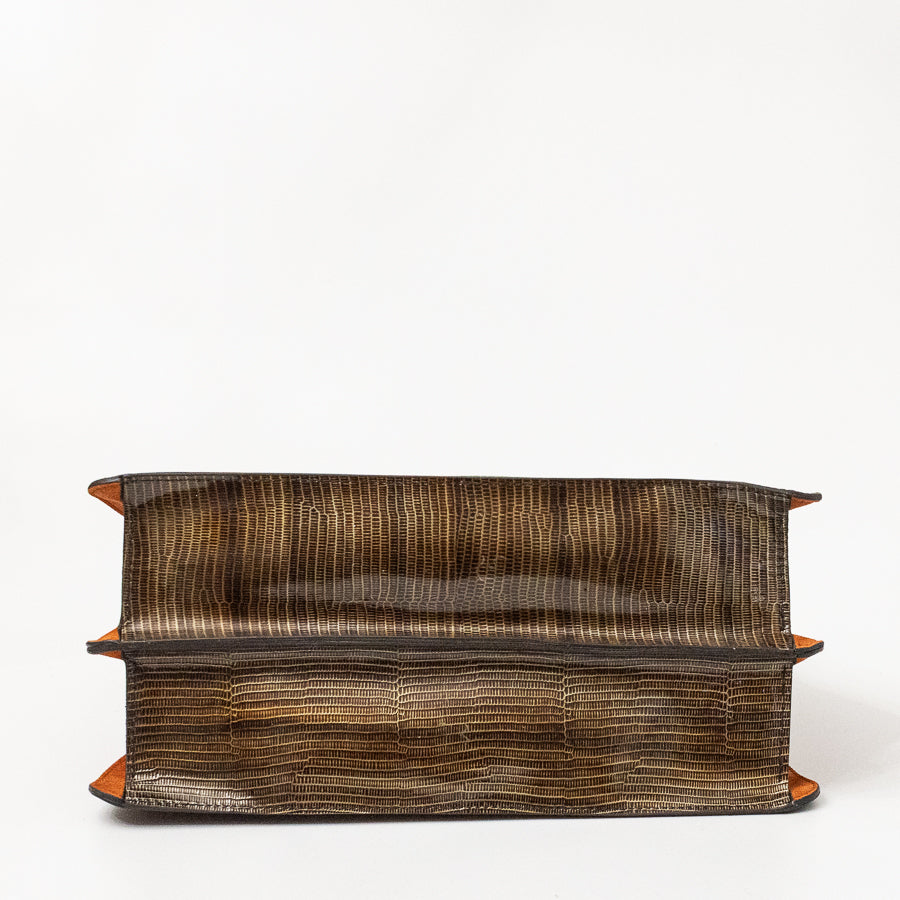 Bottom view of Charlotte handbag in Tuscan Bronze featuring textured Italian leather