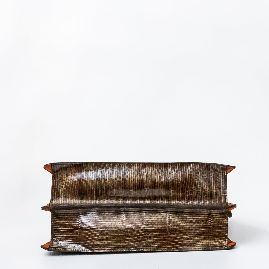 Bottom image of Charlotte handbag in Bronzo Fiore featuring multicolored textured Italian leather