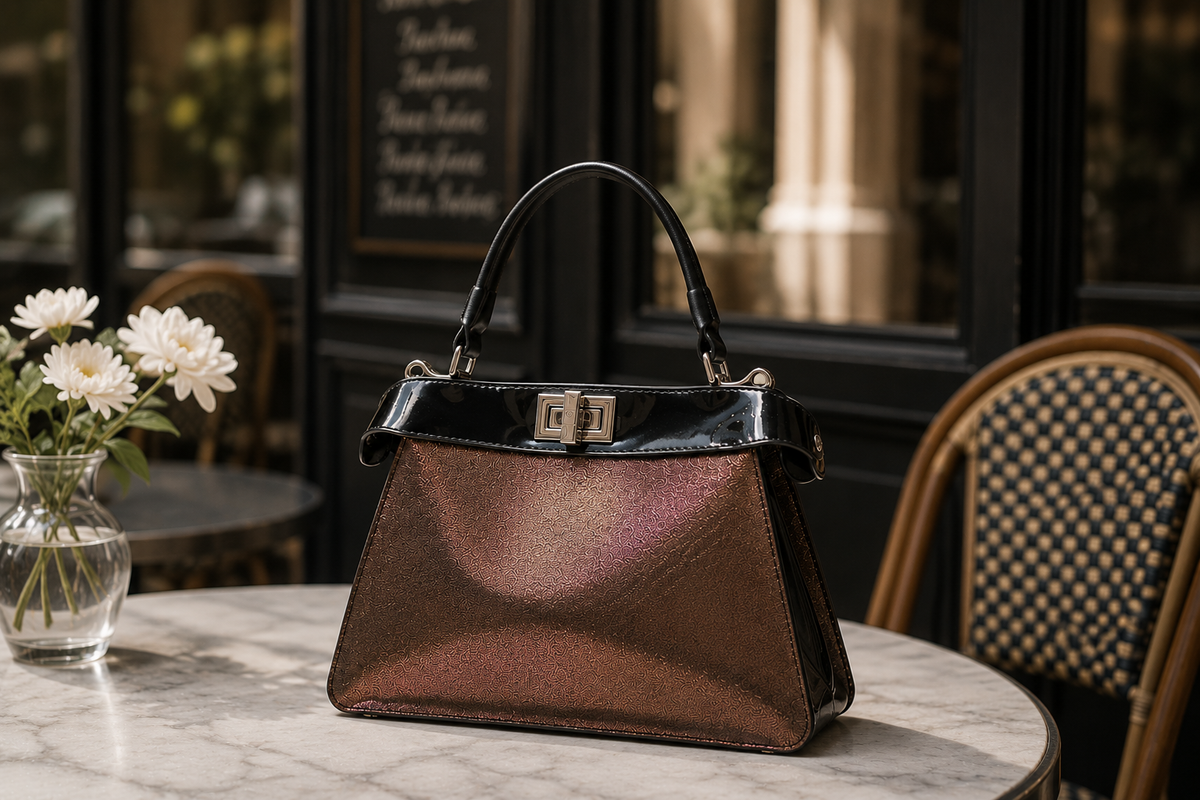 Image of Charlotte handbag in Afterglow structured handbag sitting on marbled table