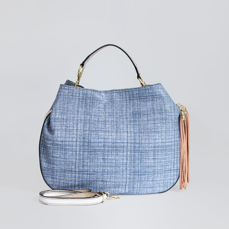 Lily handbag in Blue Linen handcrafted in Italy featuring Italian leather and tassel detail