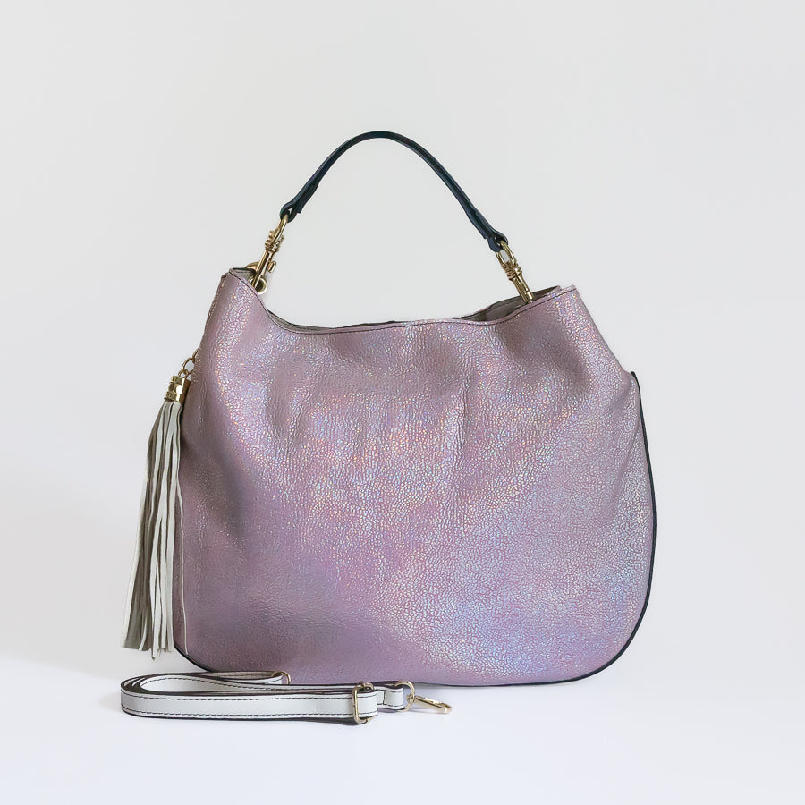 Lily handbag in Moonstone handcrafted in Italy featuring iridescent Italian leather and tassel detail