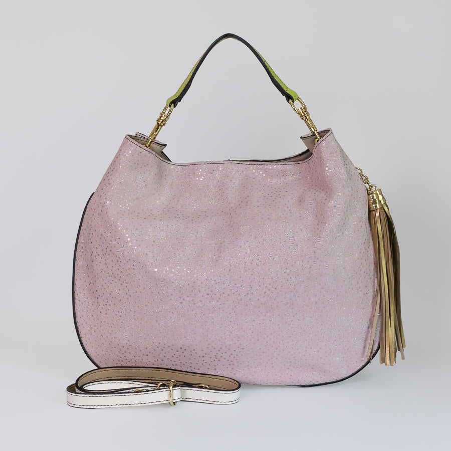 Lily handbag in Starlight handcrafted in Italy featuring iridescent Italian leather and tassel detail