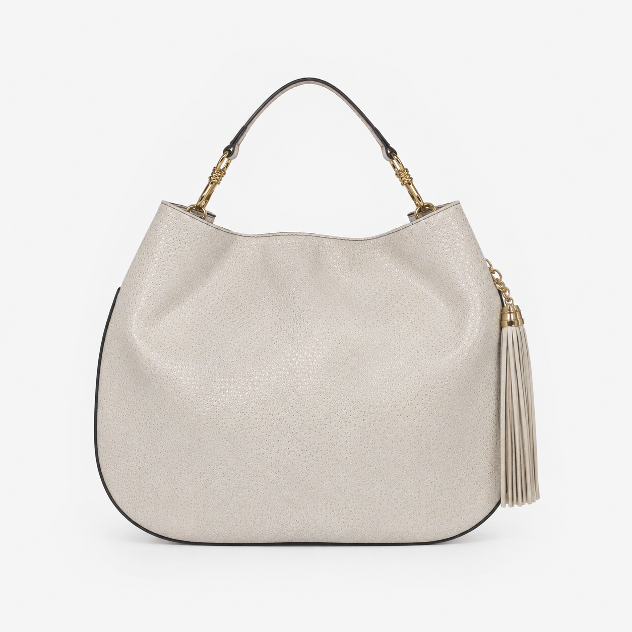 Lily handbag in Champagne Snow handcrafted in Italy featuring iridescent Italian leather and tassel detail