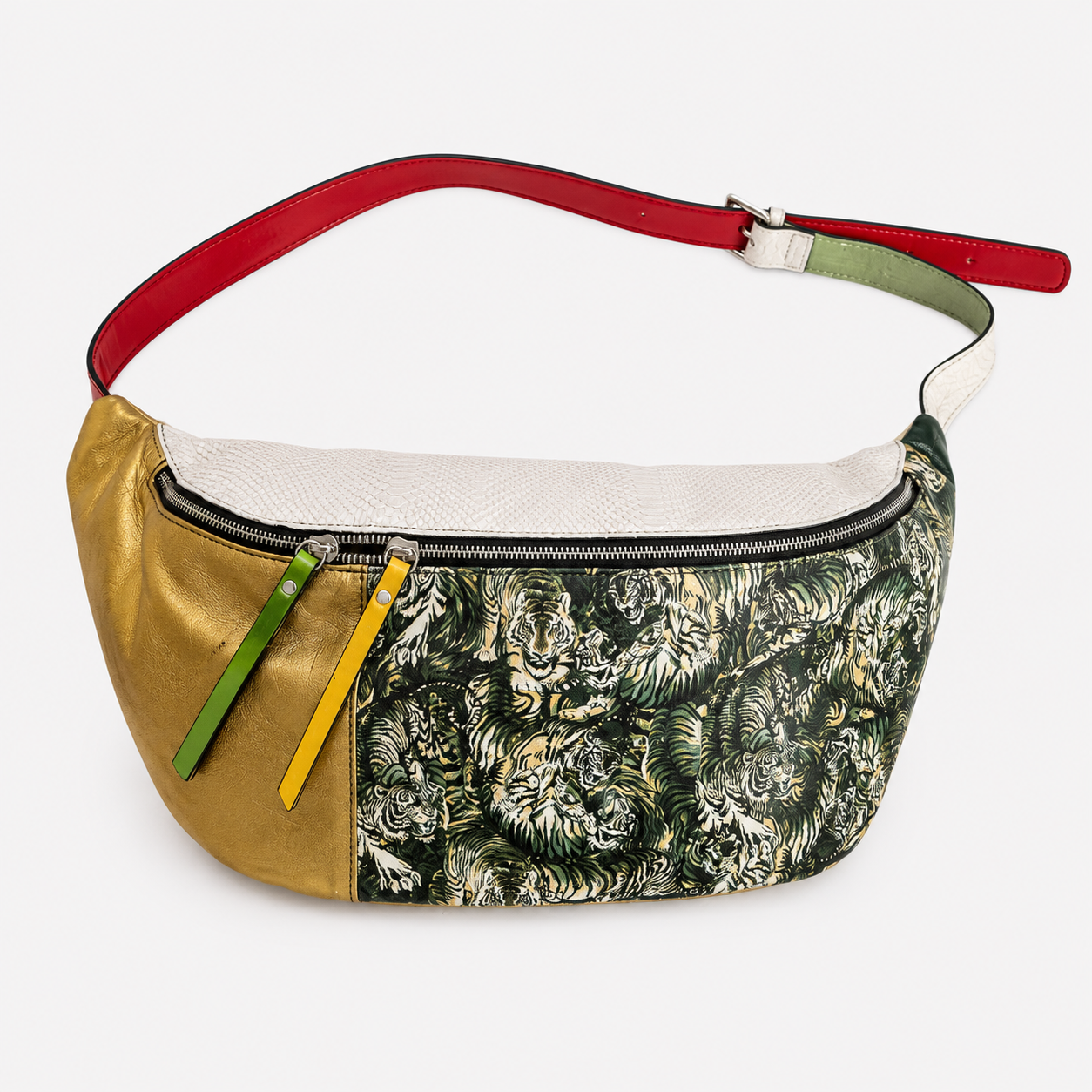 Madeline crossbody bag in Bengal featuring tiger printed Italian leather and two zippered compartments