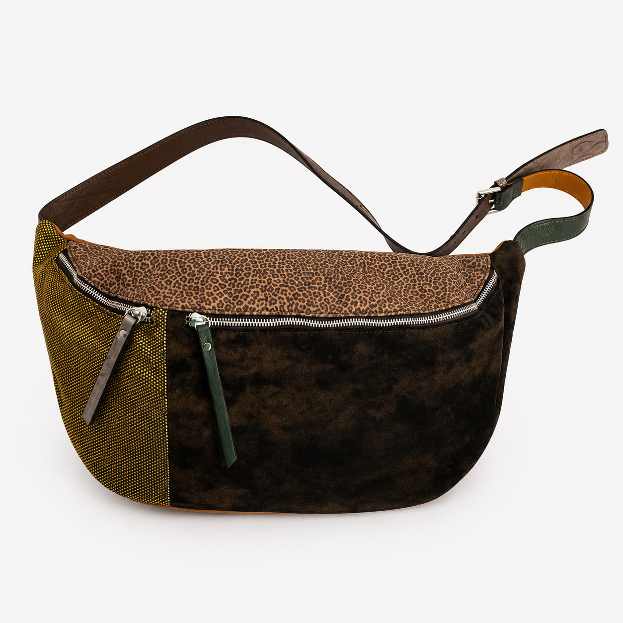 Madeline crossbody bag in Noir Jardin featuring leopard printed Italian leather and two zippered compartments