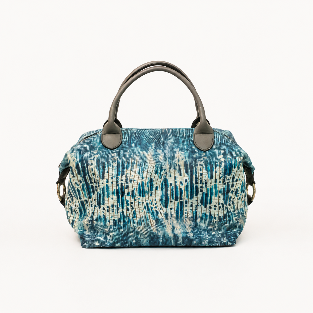 Vera handbag in Amalfi Tides featuring side straps with silver o-ring clasp and top handles