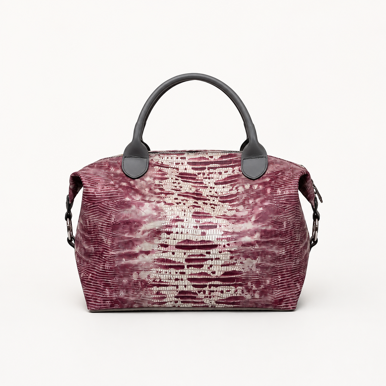 Vera handbag in Chianti Sunset featuring side straps with silver o-ring clasp and structured top handles and extra strap