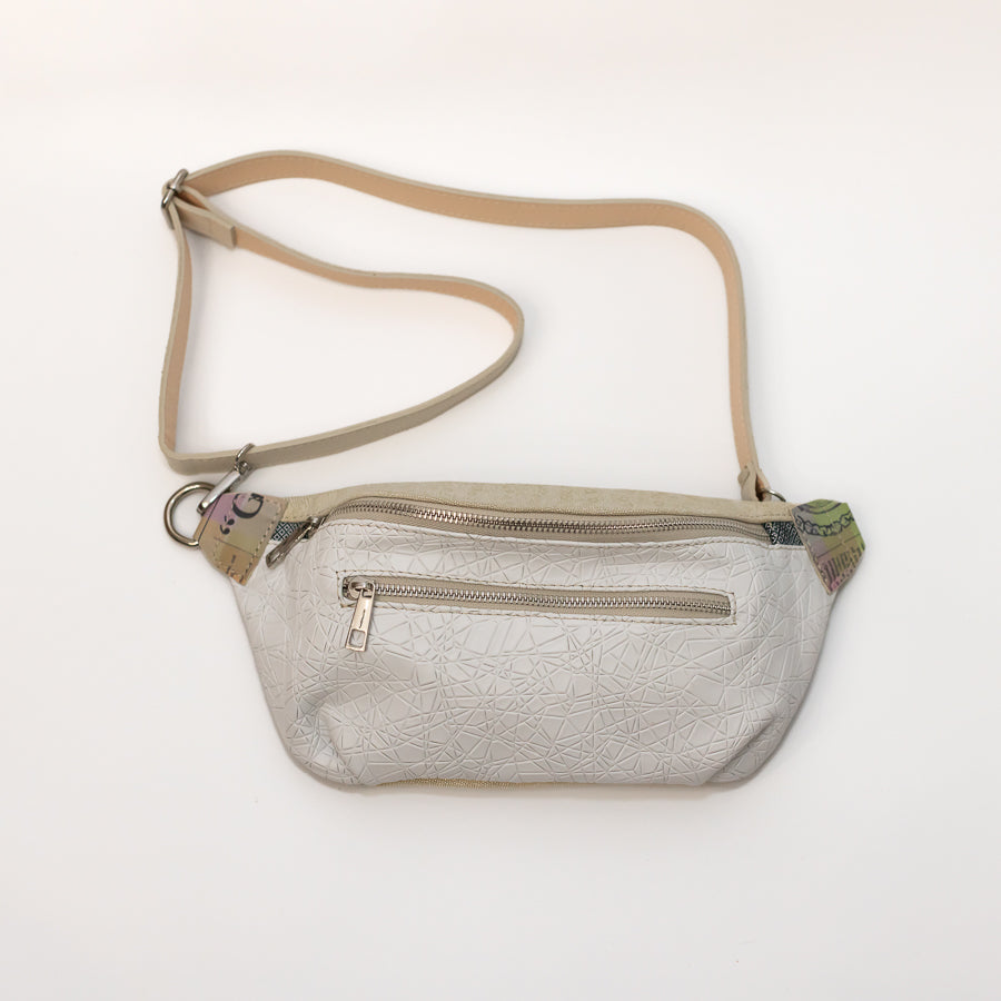Full image of Ava crossbody bag featuring white Italian leather and adjustable strap