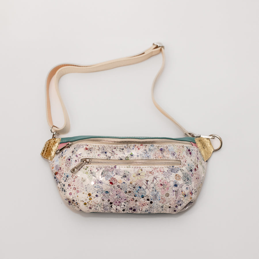 Full image of Ava crossbody bag in Jubilee featuring m\multicolored floral Italian leather and adjustable strap