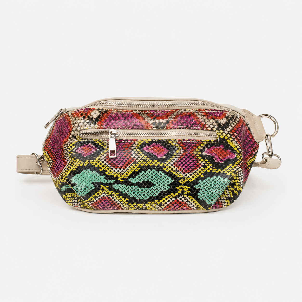 Full image of Ava crossbody bag in Carnivale featuring adjustable strap and silver hardware