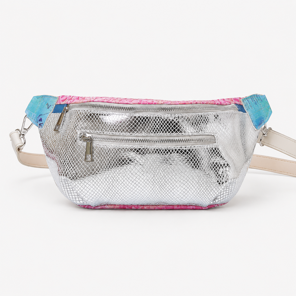 Ava crossbody bag in Electric Kiss featuring iridescent Italian leather and main zippered compartment and exterior zippered pocket
