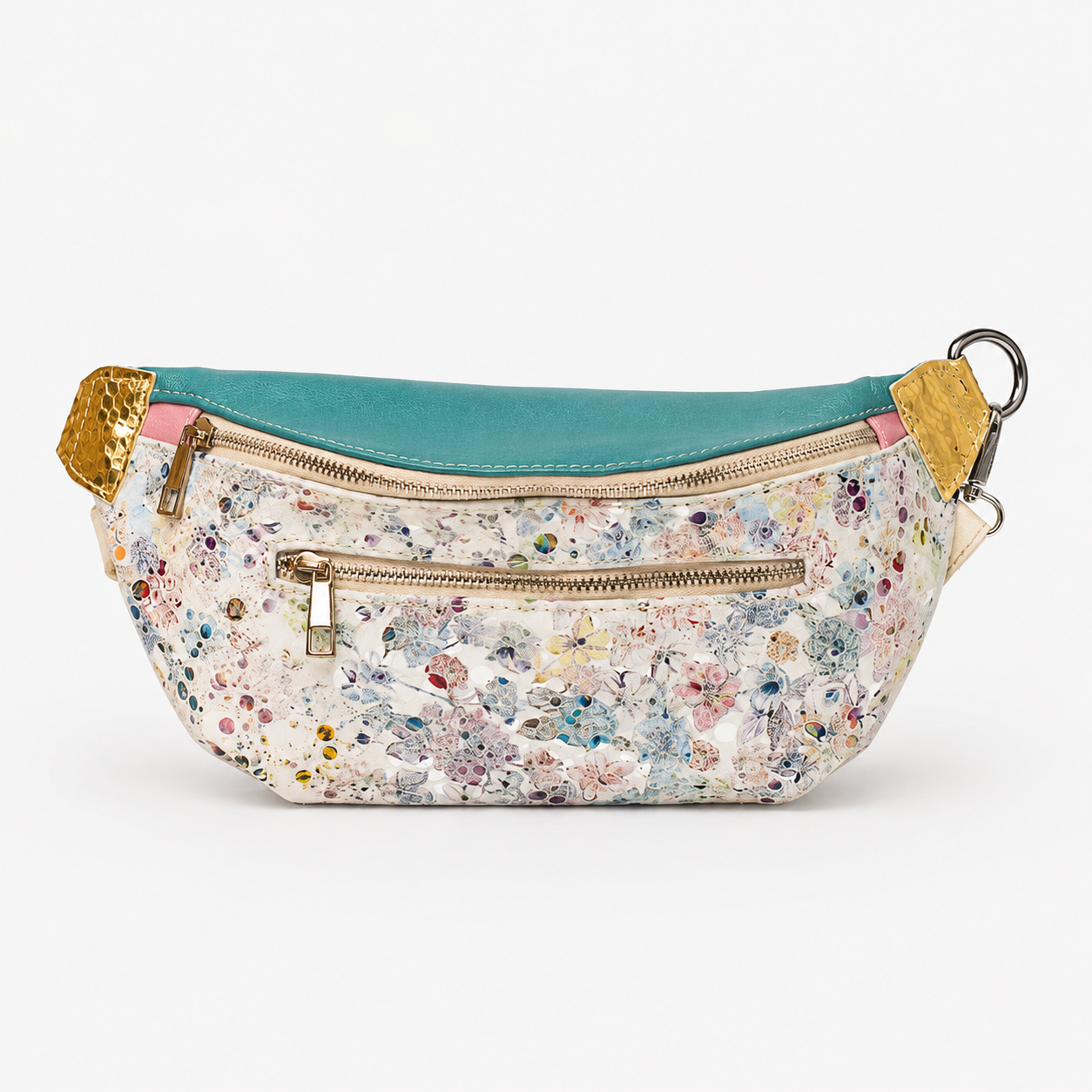 Ava crossbody bag in Jubilee featuring multicolored floral Italian leather and a main zippered compartment and an exterior zippered pocket