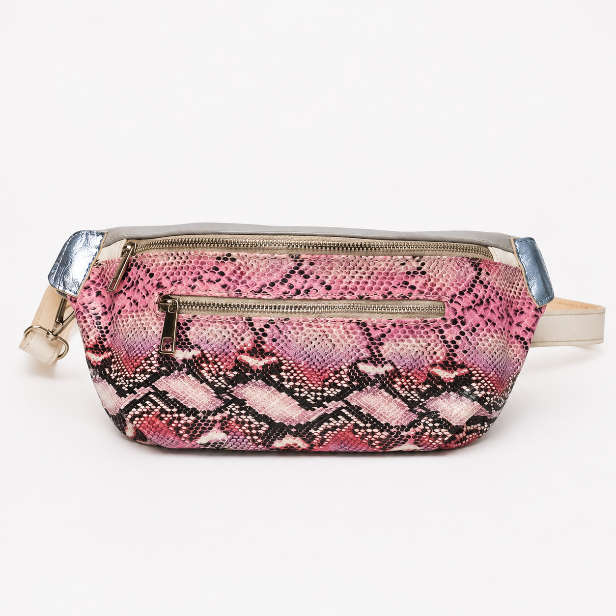 Ava crossbody bag in Pink Martini featuring pink snakeskin Italian leather and a main zippered compartment and an exterior zippered pocket