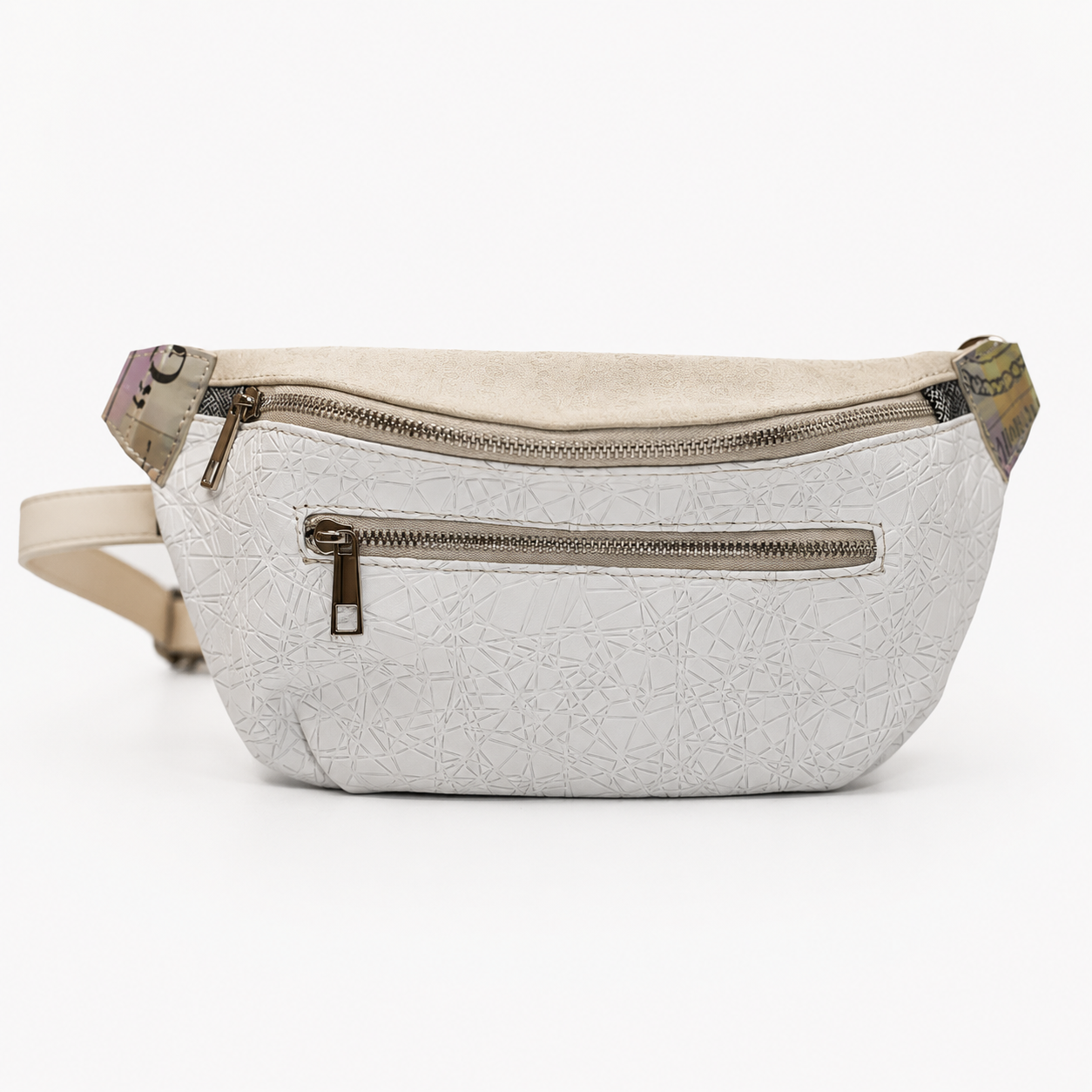 Ava crossbody bag in Snowdrop featuring textured Italian leather and a main zippered compartment and an exterior zippered pocket