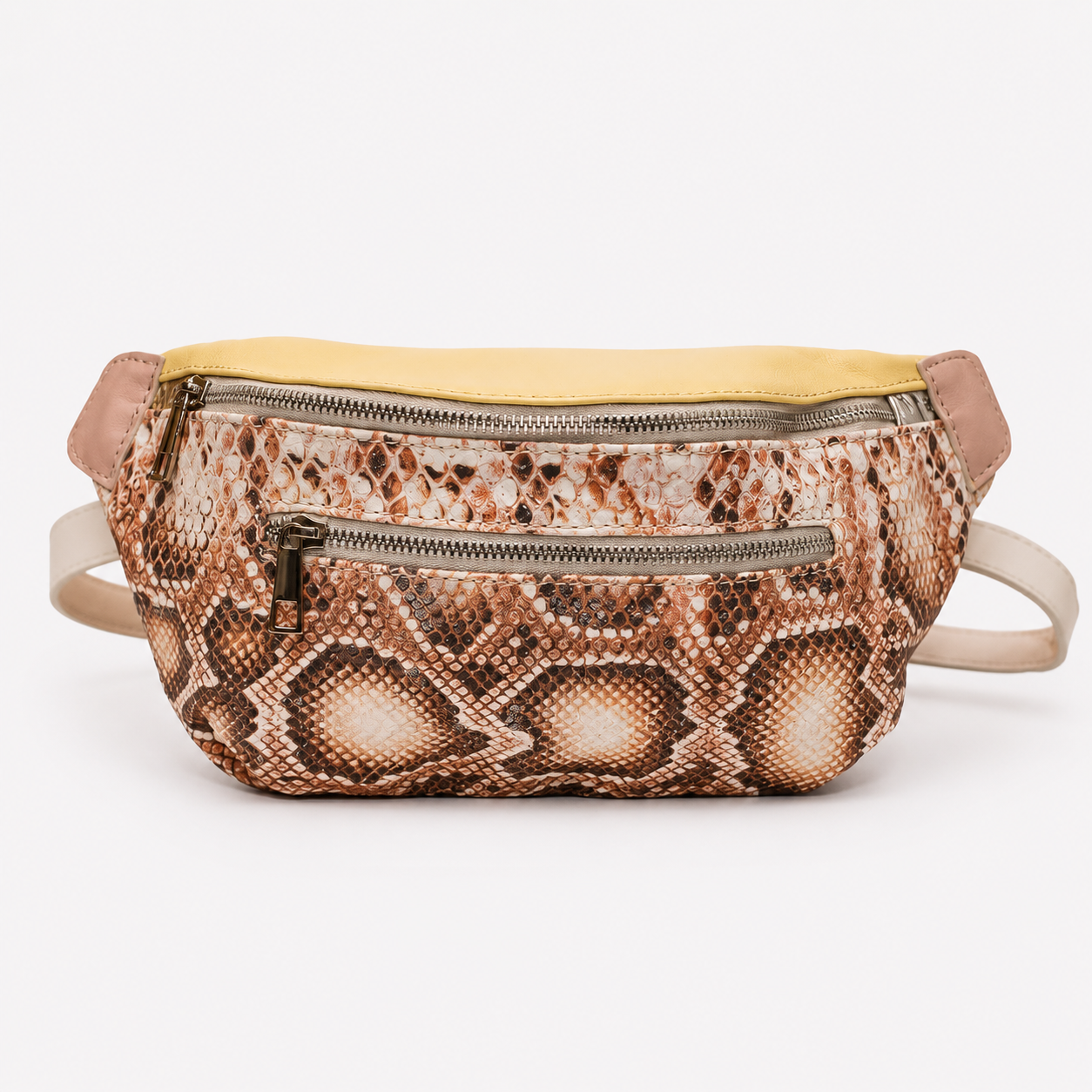 Ava crossbody bag in Tuscan Honey featuring snakeskin Italian leather and silver zippered main compartment and exterior zippered pocket