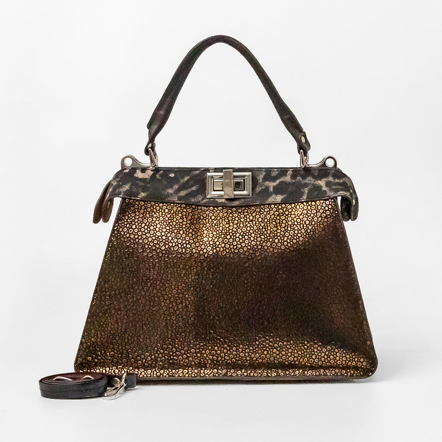 Charlotte handbag in Tuscan Bronze featuring bronze iridescent Italian leather and animal printed accent trim and rectangular turn-lock clasp