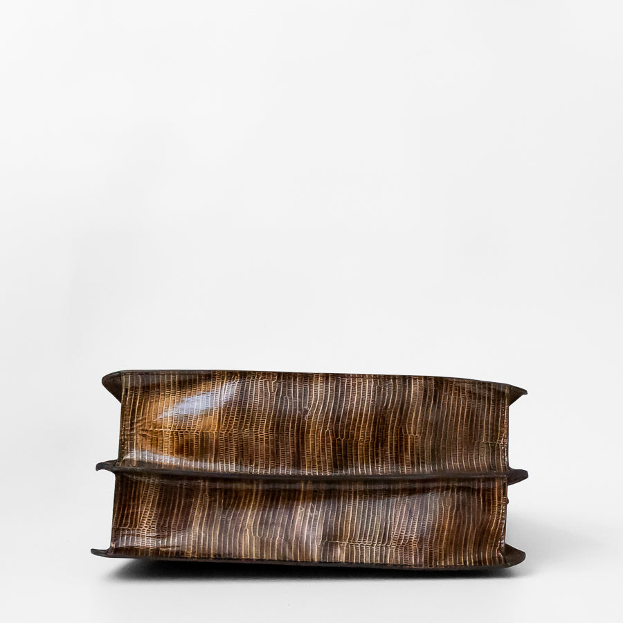 Bottom image of Charlotte handbag in Argenta featuring brown textured Italian leather
