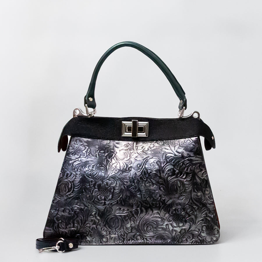 Charlotte handbag in Noir Palazzo featuring carved silver Italian leather and textured black trim and rectangular turn-lock clasp
