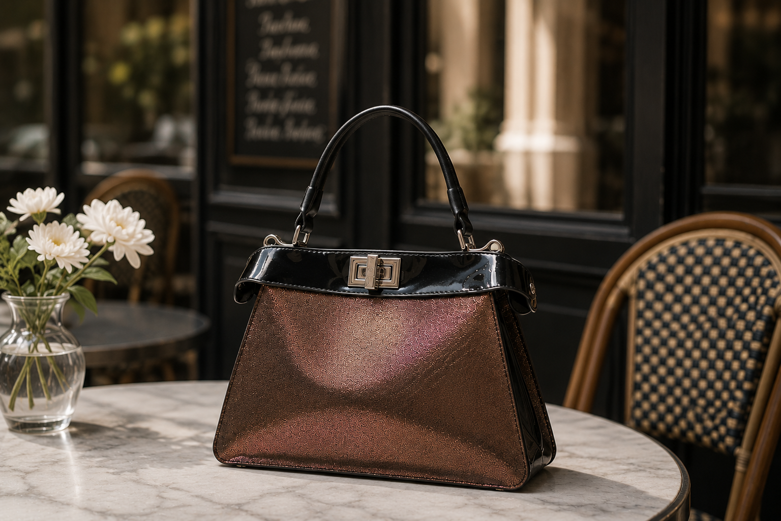 Image of Charlotte handbag in Afterglow structured handbag sitting on marbled table 