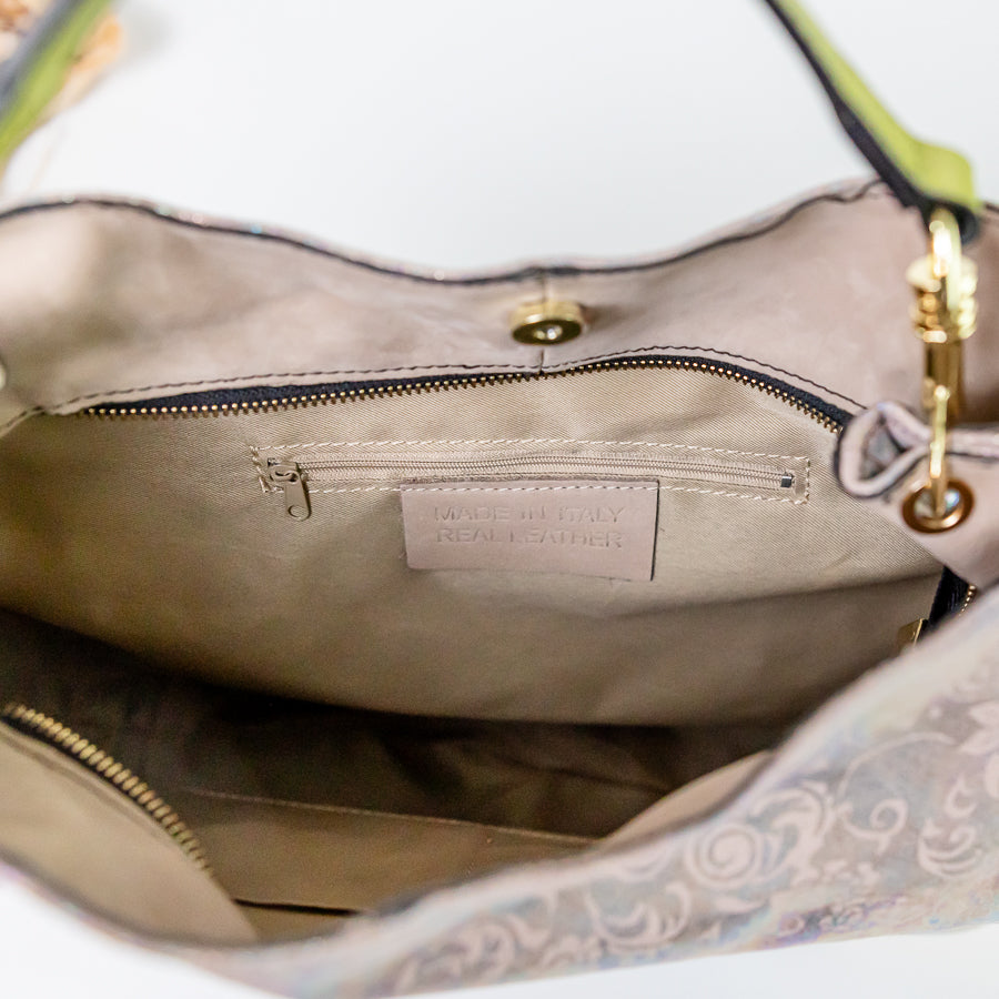 Interior view of Lily handbag Moon Garden featuring Gold zipper and snap and small interior zipped pocket