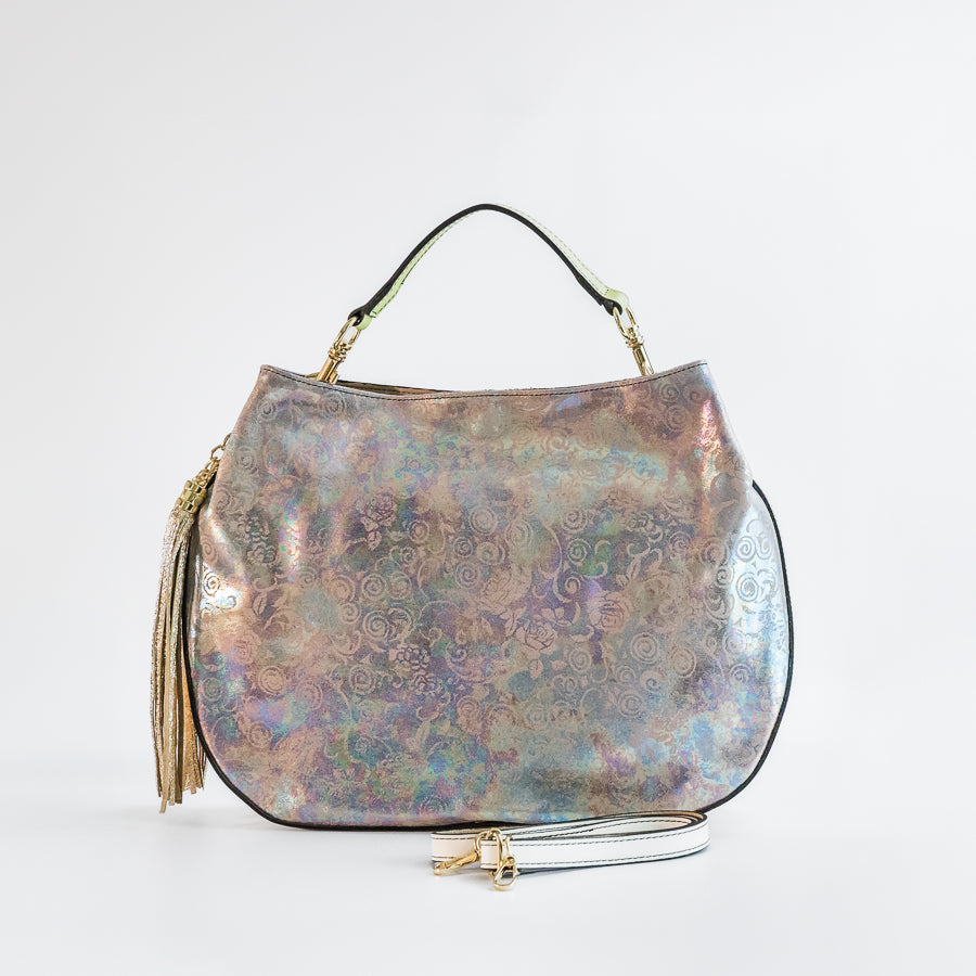 Lily handbag in Moon Garden handcrafted in Italy featuring iridescent Italian leather and tassel detail