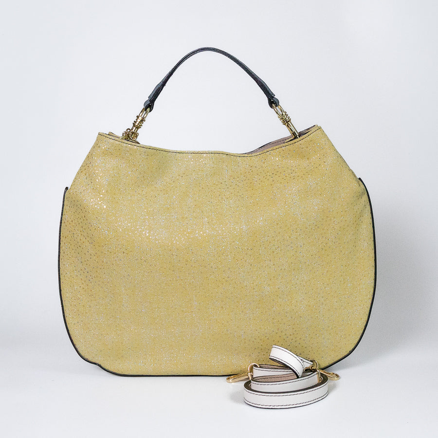 Lily handbag in Limoncello handcrafted in Italy featuring iridescent Italian leather and extra strap