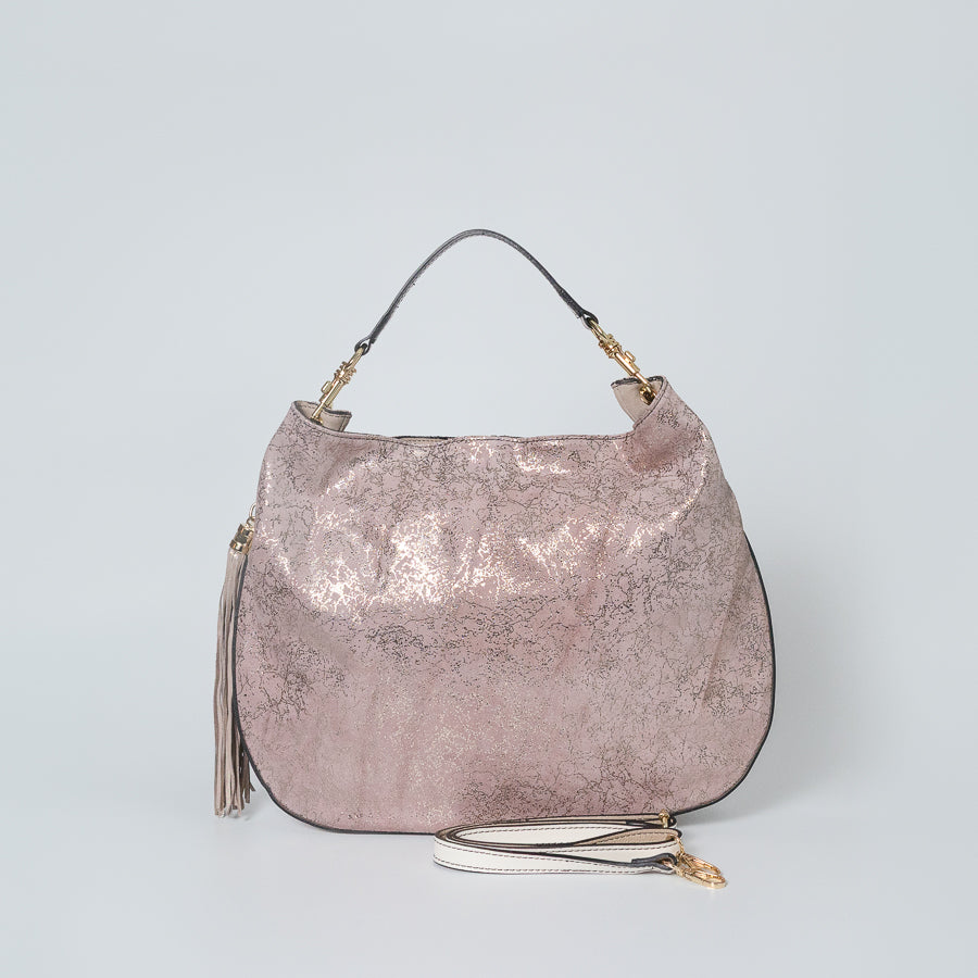 Lily handbag in Rosé All Day handcrafted in Italy featuring iridescent Italian leather and tassel detail