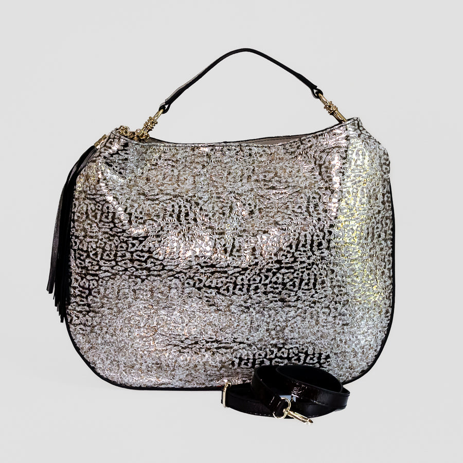 Lily handbag in Lunaria handcrafted in Italy featuring iridescent Italian leather and tassel detail