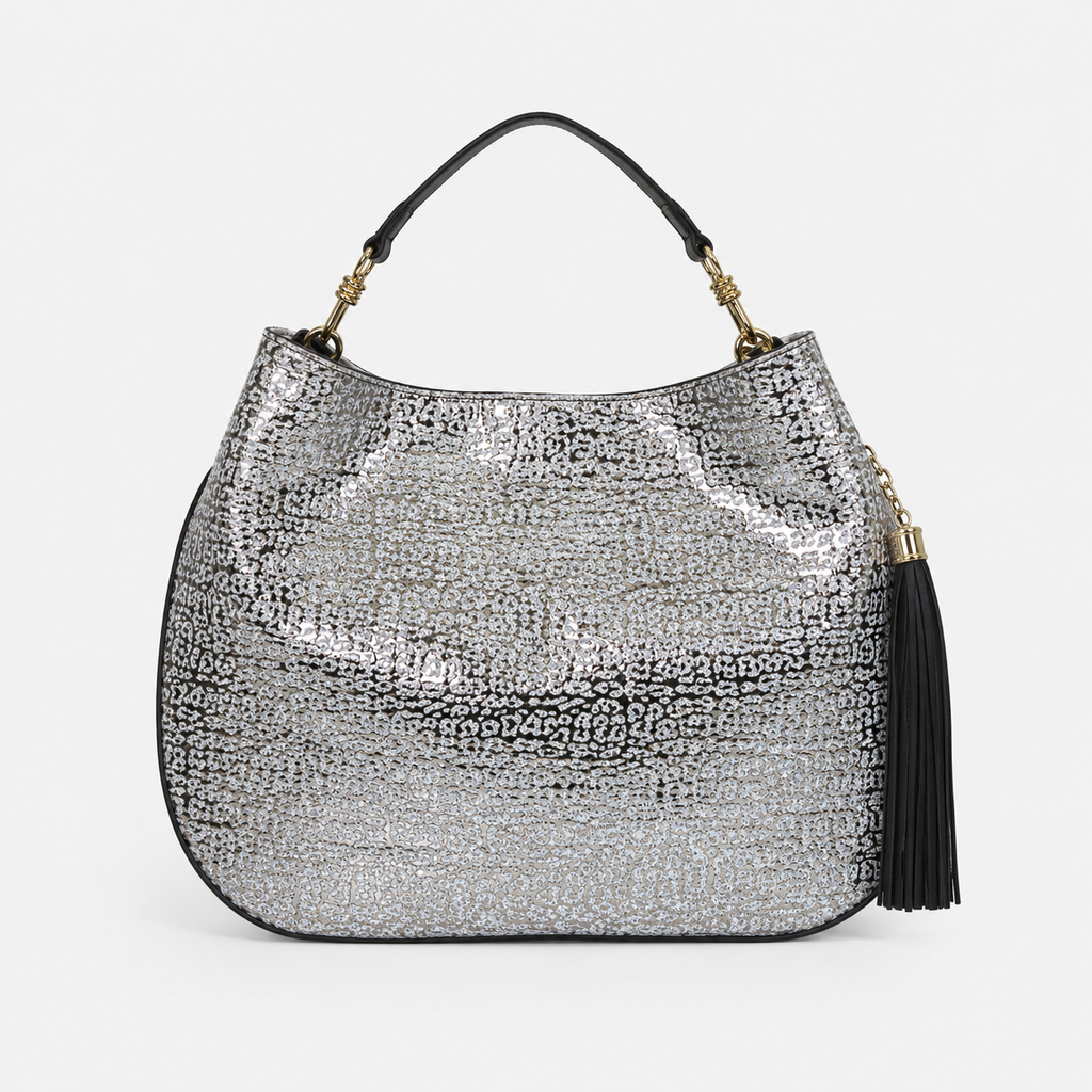 Lily handbag in Lunaria handcrafted in Italy featuring iridescent Italian leather and tassel detail