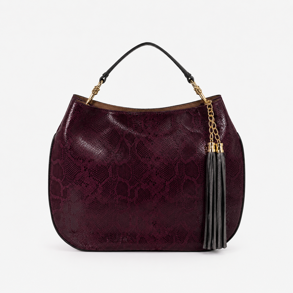 Lily handbag in Midnight Fid handcrafted in Italy featuring iridescent Italian snakeskin leather and tassel detail