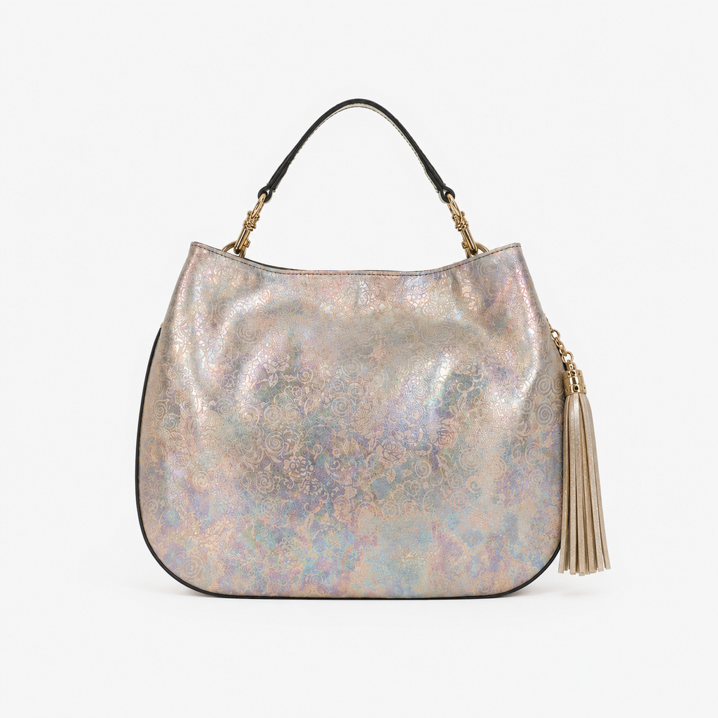 Lily handbag in Moon Garden handcrafted in Italy featuring iridescent Italian leather and tassel detail