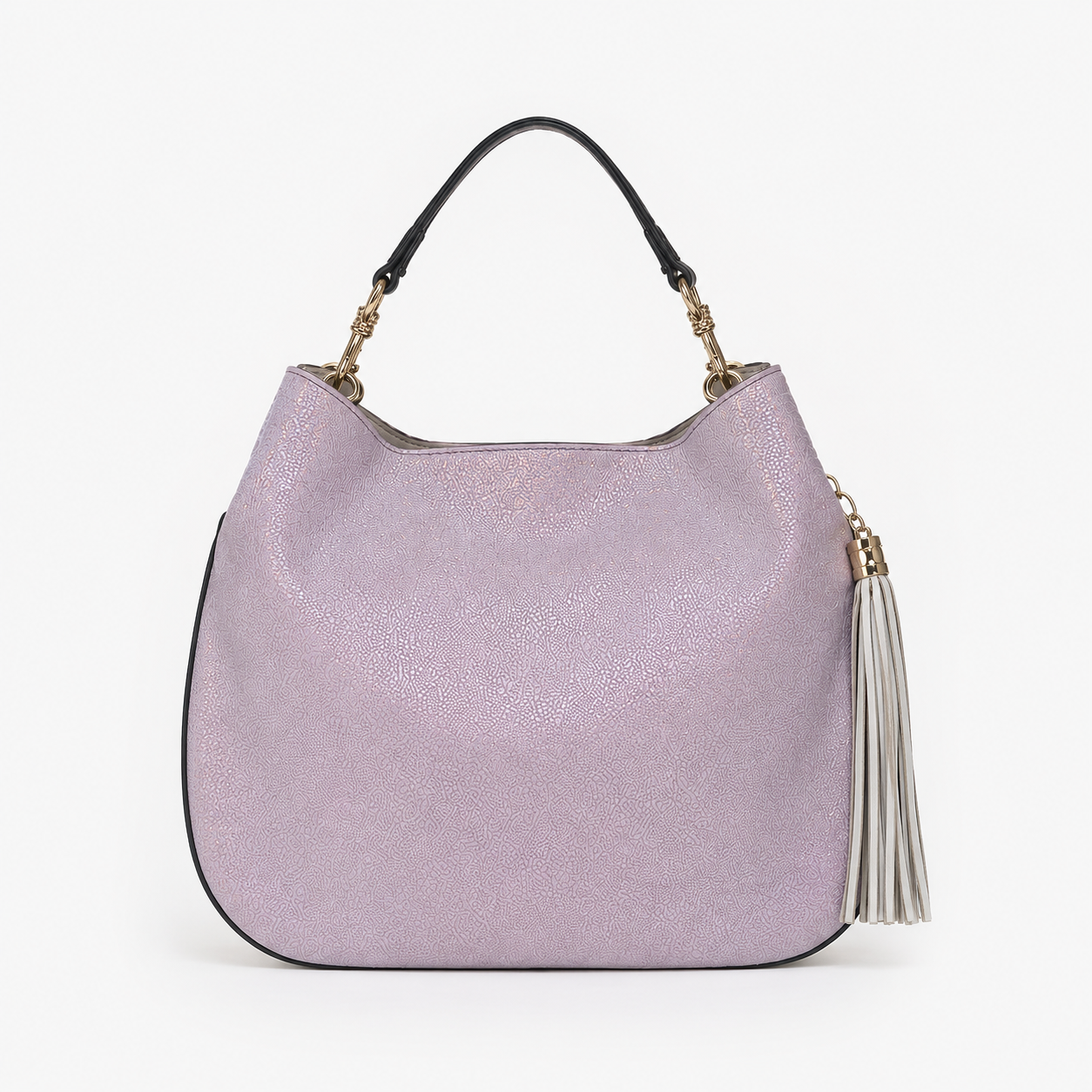 Lily handbag in Moonstone handcrafted in Italy featuring pink iridescent Italian leather and tassel detail with shoulder strap