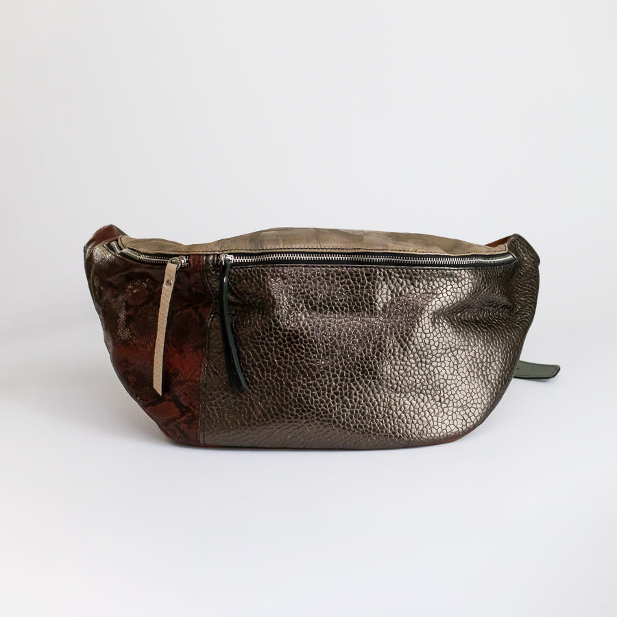 Standing image of Madeline crossbody bag in Sahara featuring pebbled Italian leather and snakeskin Italian leather