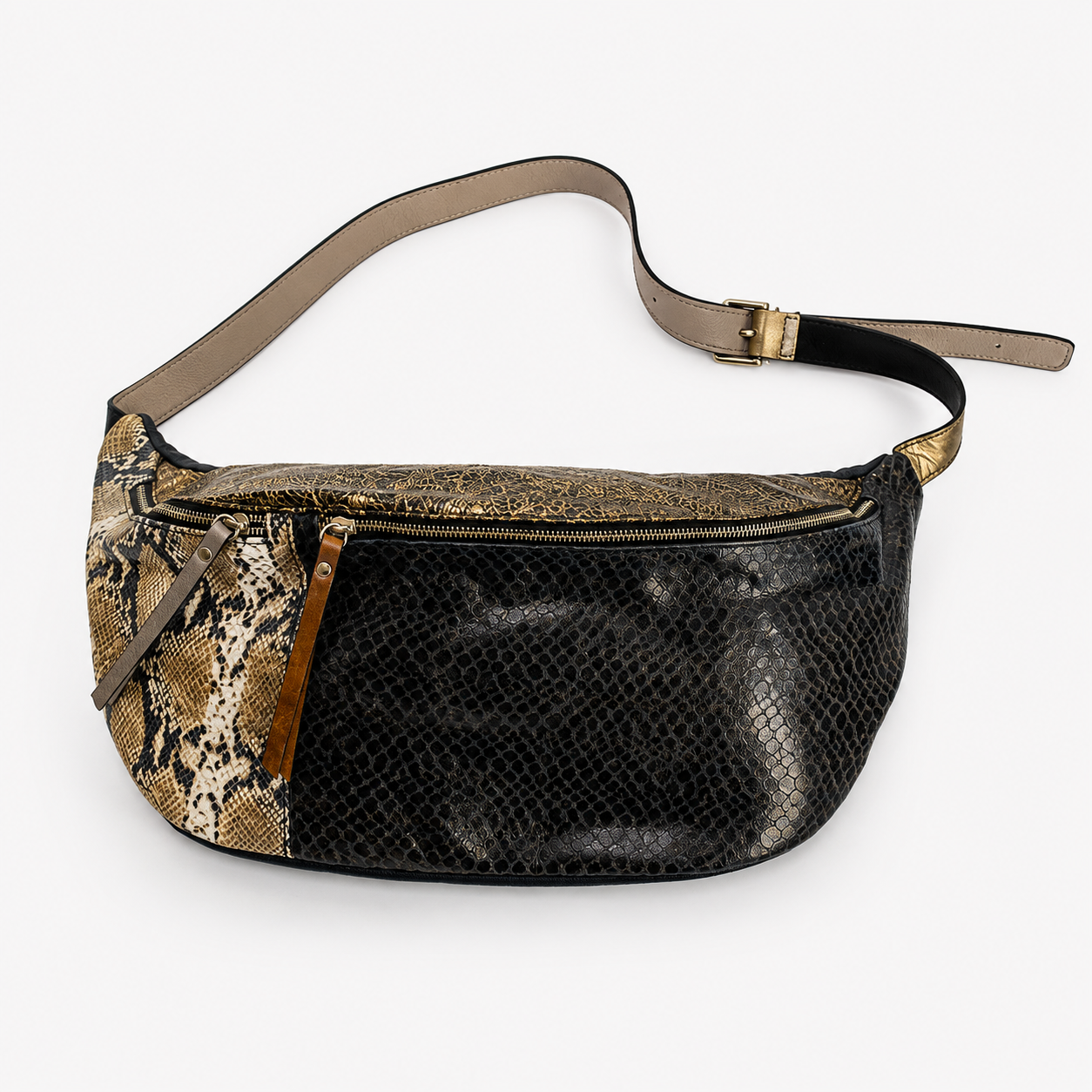 Madeline crossbody bag in Absinthe featuring snakeskin Italian leather and two zippered compartments