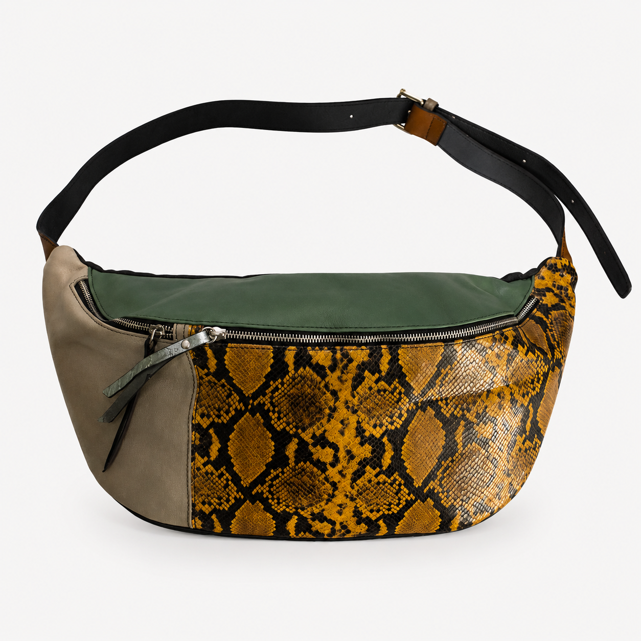 Madeline crossbody bag in Ambra featuring yellow snakeskin Italian leather and two zippered compartments