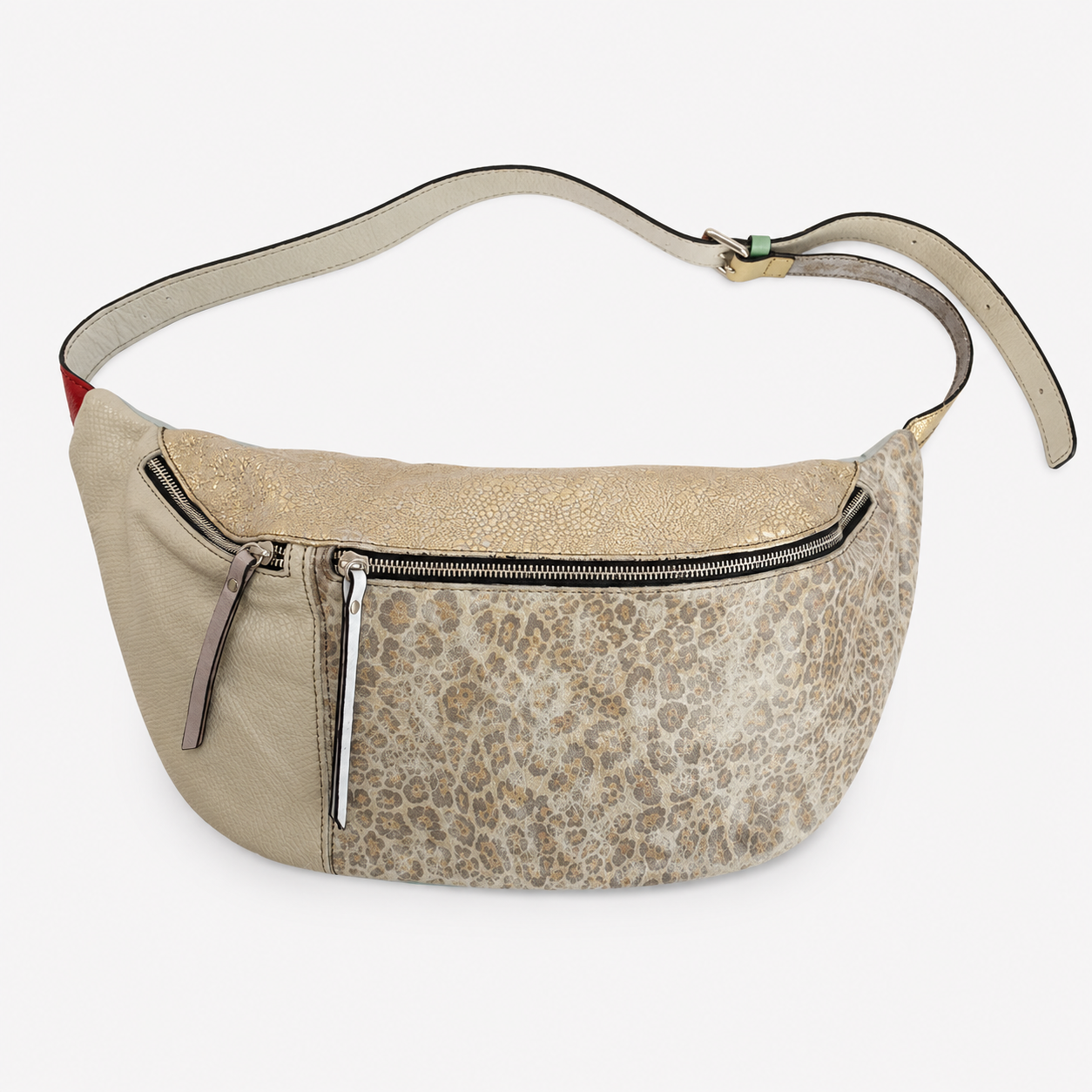 Madeline crossbody bag in Caprielle featuring white leopard printed Italian leather and two zippered compartments