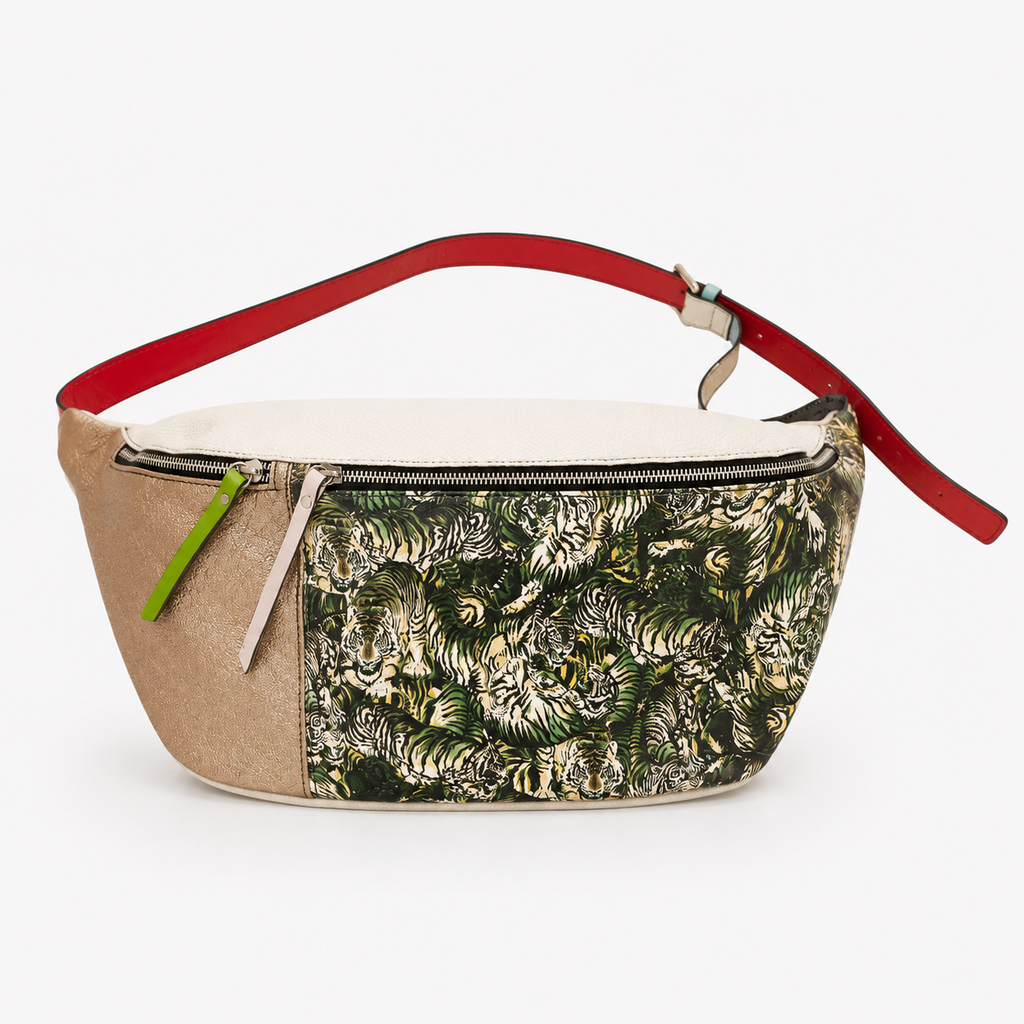 Madeline crossbody bag in Midnight Bazaar featuring tiger printed Italian leather and two zippered compartments