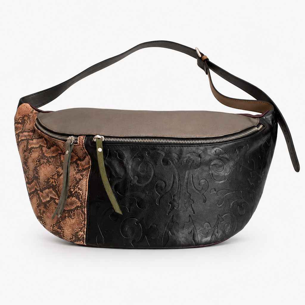 Madeline crossbody bag in Monaco Jungle featuring carved Italian leather and two zippered compartments