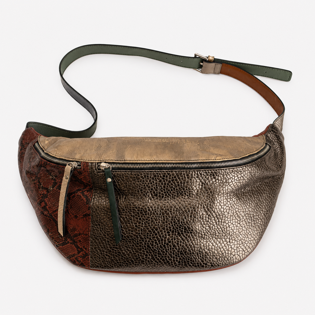 Madeline crossbody bag in Sahara featuring bronze Italian leather and two zippered compartments