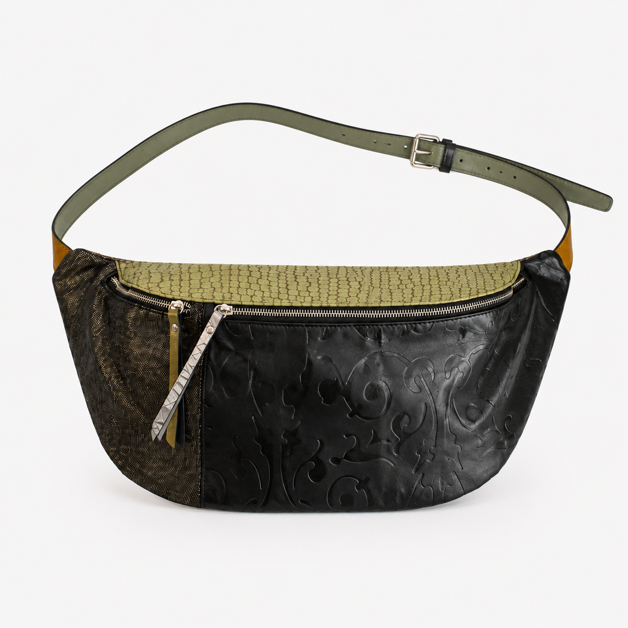 Madeline crossbody bag in Verde Notee featuring carved Italian leather and two zippered compartments