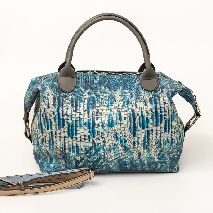 Vera handbag in Amalfi Tides featuring side straps with silver o-ring clasp and top handles