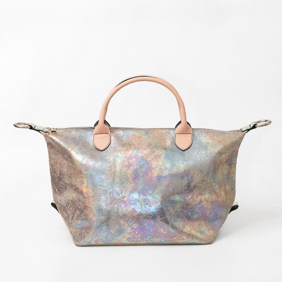 Expanded Vera handbag featuring iridescent multicolored Italian leather and peach structured handles