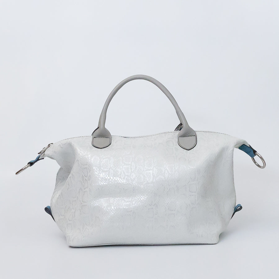 Expanded image of Vera handbag in Winter Lace featuring top handles and white snakeskin Italian leather