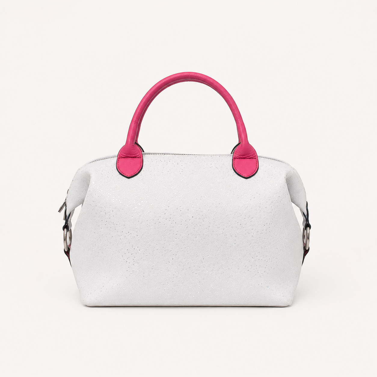 Vera white handbag in Winter Orchid featuring side straps with silver o-ring clasp and structured top pink handles 